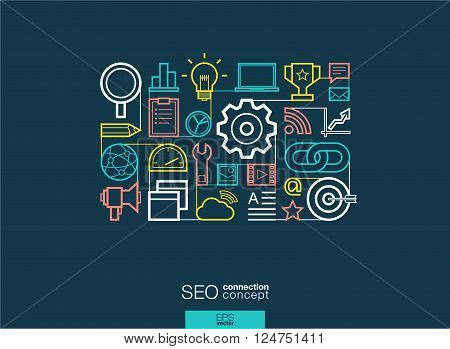 SEO integrated thin line symbols. Modern linear style vector concept, with connected flat design icons. Abstract background illustration for digital network, analytics, social media and market concept