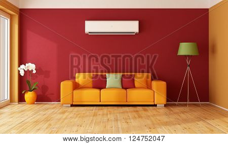 Red and orange living room with colorful sofa and air conditioner - 3D Rendering