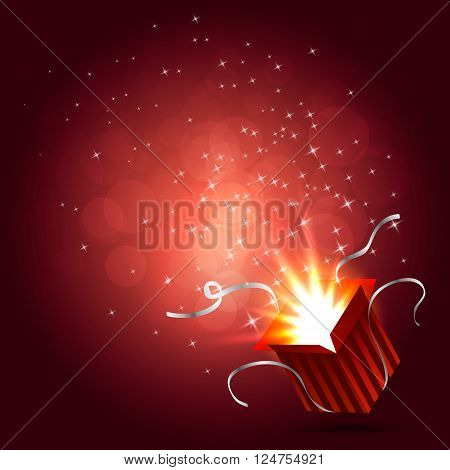 Magic box. Gift red box. Christmas lights. Vector illustration