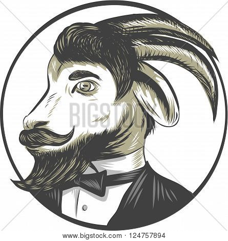 Drawing sketch style illustration of a goat ram with big horns and moustache beard wearing tie tuxedo suit looking to the side set inside circle.