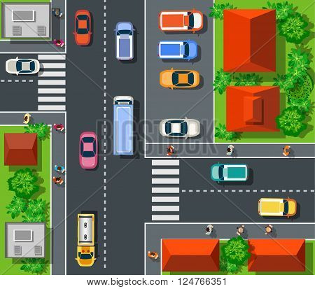 Top view of the city. Top view of urban crossroads with cars and houses.