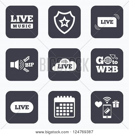 Mobile payments, wifi and calendar icons. Live music icons. Karaoke or On air stream symbols. Cloud sign. Go to web symbol.