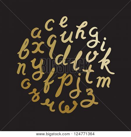 Handwritten Gold alphabet vector font. Hand drawn brush script letters on black background. Stock vector lettering typography