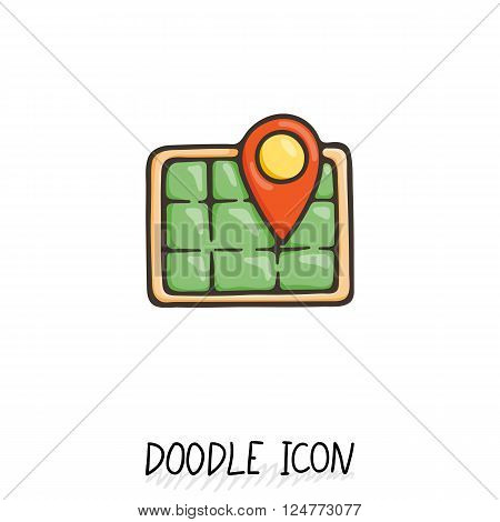 Doodle location icon. Map pictogram. Terrain orientation, gps.