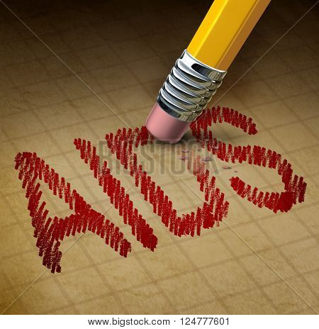 Aids fight and HIV or human immunodeficiency virus concept as a 3D illustration of a pencil eraser erasing text as a healthcare or health care metaphor for the treatment and research in a cure for the disease.