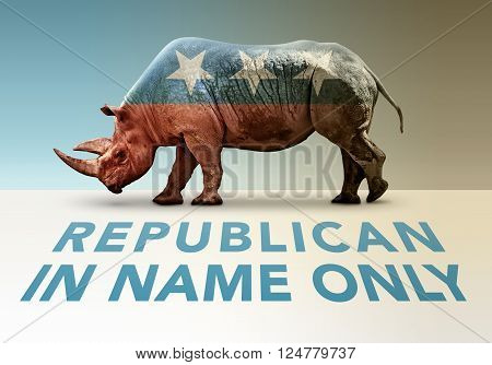 Republican In Name Only represented by a Rhinoceros overlayed with red blue and white stars.