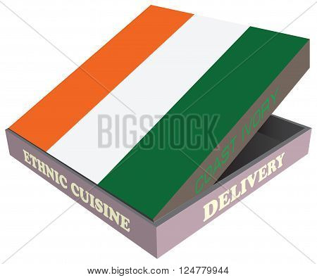 Delivery Ethnic cuisine Coast Ivory. Cardboard packaging. Vector illustration.