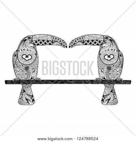 Illustration of two toucans on branch in zentangle style. Hand Drawn coloring book doodle vector illustration.