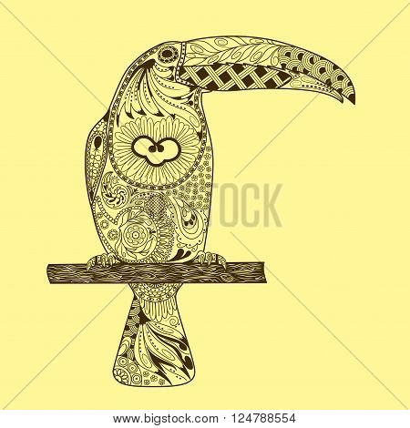 Patterned toucan drawing. Hand Drawn doodle vector illustration on yellow background. Zentangle Style.