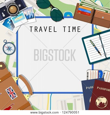 Travel and adventure template, travel time, Travel time template. International passport, boarding pass, tickets on the map background. vector illustration. travel and vacations concept  in flat design