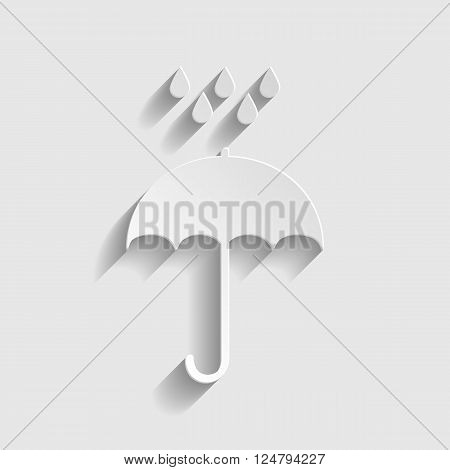 Umbrella with water drops. Rain protection symbol. Paper style icon with shadow on gray.