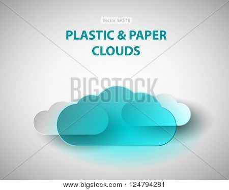 Plastic transparent cloud with few paper clouds on back. Place for text on top. Vector EPS 10.