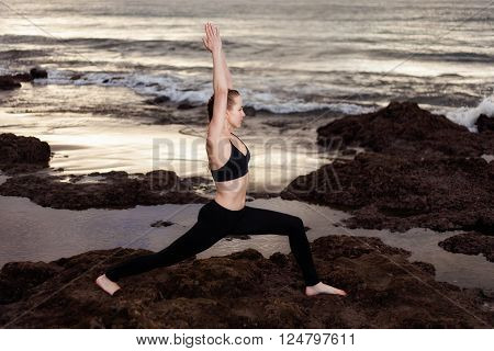 La Tejita, Punta Roja, sunrise, tenerife, canary, spain, yoga, young, zen-like, Warrior pose, Virabhadrasana, active, attractive,  caucasian, exercising, fit, health, leisure, practicing, relaxation,  slim, sport, stretching, wellness, woman, workout, atl