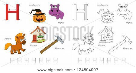 Tracing Worksheet for children. Full english alphabet from A to Z, pictures for letter H