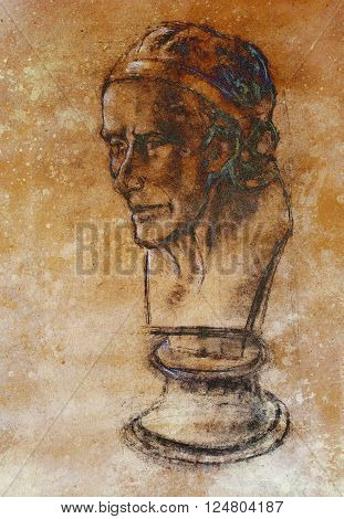 Hand drawn head, Illustration half face. Gypsum bust drawn in pencil. Profile portrait. Bust of Voltaire by Houdon