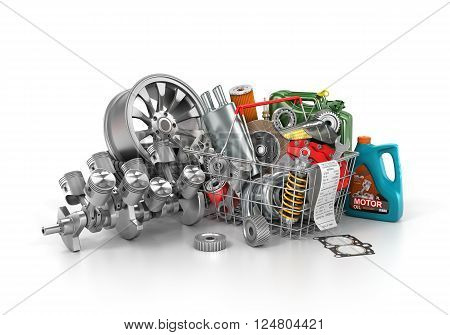 Basket from a shop full of auto parts. Auto parts store. Automotive basket shop. 3d illustration