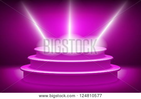 Purple Lane With Rays Of Spotlights. Podium For The Winners. Vector Illyustration