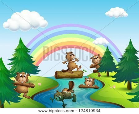 Beavers and logs by the river illustration