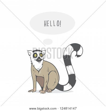 Card with cartoon ring-tailed lemur. Vector image. Hand drawn image.