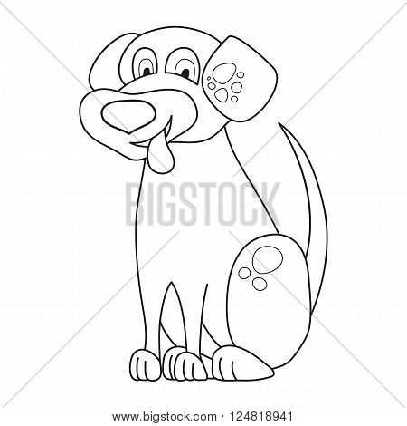 Cartoon smiling spotty puppy, vector illustration of cute funny dog siting and put out a tongue, coloring book page for children