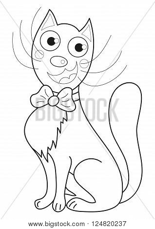 Cartoon smiling gentleman cat with bow sit, vector illustration of cute joiful kitty, funny kitten delighted, speaks wow, coloring book page for children