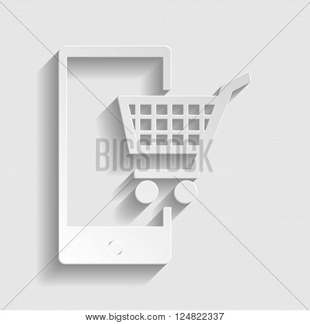 Shoping on smart phone sign. Paper style icon with shadow on gray.