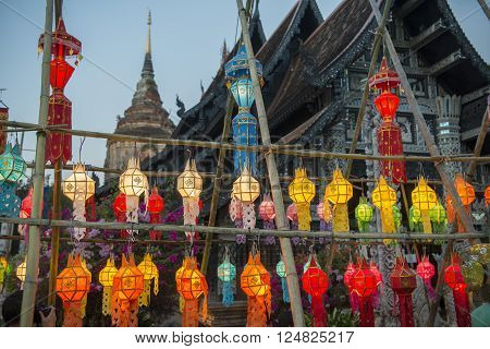 lanterns at the Wat Lokmoli Temple at the Loy Krathong Festival in the city of Chiang Mai in North Thailand in Thailand in southeastasia.