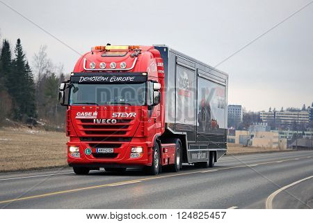 SALO, FINLAND - MARCH 24, 2016: Red Iveco Stralis Semi on the road in Salo after the Case IH Red Power Tour in Turku Finland.