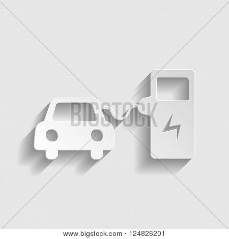 Electrocar battery charging sign. Paper style icon with shadow on gray.