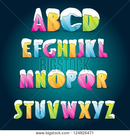 Ice alphabet. Collection of ice letters with snow caps.