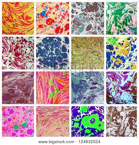 Colorful ebru marbled pattern collection. Vector illustration