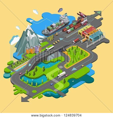 Flat vector map landscape; parks; buildings; seating area; sports grounds; picture of the nature of mountains and lakes; road; GPS navigation; infographic 3d isometric concept. Top view.