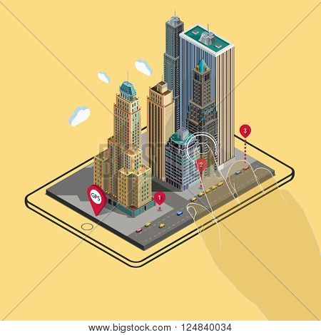 Flat isometric map on tablet, GPS navigation app infographic concept. Flat landscape street location isometric concept on the tablet. Application territory building in the natural landscape.