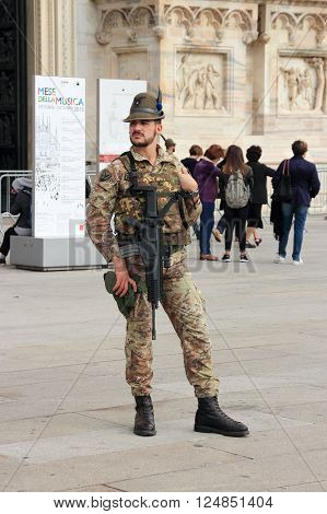 Milan, Italy, 29 September 2015: National Guard near Milan Cathedral