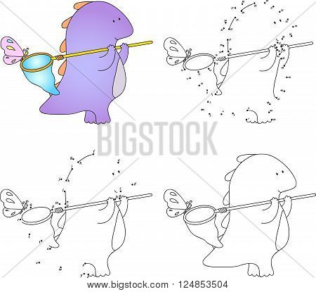 Cartoon Purple Dragon With Net For Butterflies. Coloring Book And Dot To Dot Game For Kids