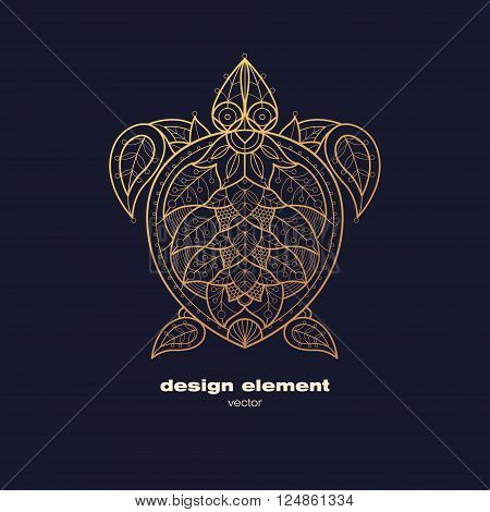Vector design element - sea turtle. Icon decorative reptile isolated on black background. Modern decorative illustration animal. Template for logo emblem sign poster. Concept of gold foil print.