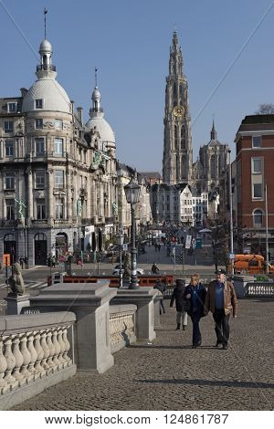 Belgium,Antwerp, March 17, 2016,View from Steenplein down Suikerrui towards Onze Lieve Vrouwkathedraal 