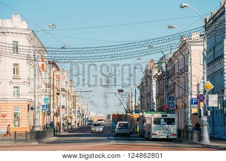 Gomel, Belarus - March 27, 2016: Morning Traffic On Sovetskaya street In Gomel, Belarus