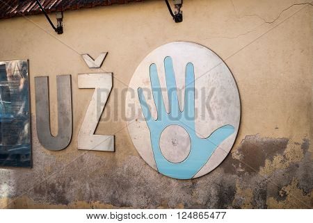 VILNIUS, LITHUANIA - JULY 16: Uzupis republic sign. Uzupis is an autonomous artistic community in Vilnius. July 2015