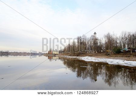 View of Neva River on the outskirts of St. Petersburg at sunny spring evening Russia.