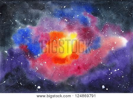 Watercolor space. Abstract cosmic background. Watercolor hand-drawn illustration