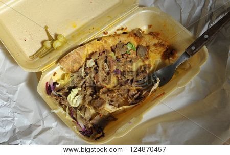 Left over remains of doner kebab take away food from the night before.