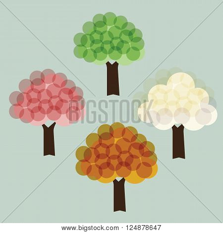 Tree with 4 season color pink green orange and white illuminate style vector illustrations concept