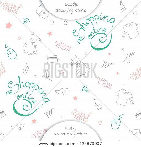The seamless pattern of online shopping with Lettering shopping online and doodle purchases. Lettering shopping online on a white background . Vector illustration of online shopping