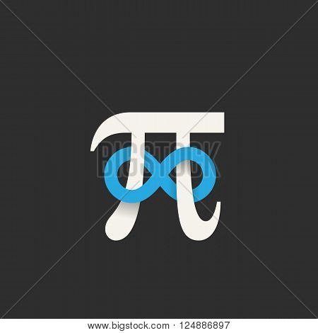 Pi Symbol with Infinity Sign Abstract Vector Icon, Label, Logo or Illustration. Soft Shadows, Gray and Blue Colors, Dark Background.
