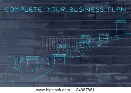 complete your business plan: entrepreneur looking through binoculars at the way to establish his own business successfully