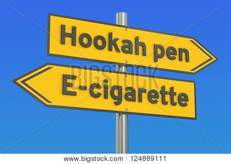 hookah pen vs e-cigarette 3D rendering on the signpost
