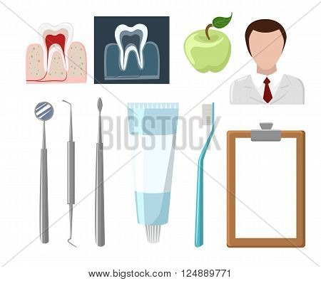 Dental care flat decorative icons set with stomatologist tools teeth care products isolated vector illustration caries clinic prosthetics tooth hygiene dentist tools Stomatologist.