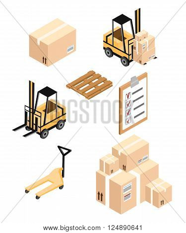 Vector isometric warehouse icon. Warehouse load boxes and barrels to stacks using forklifts.