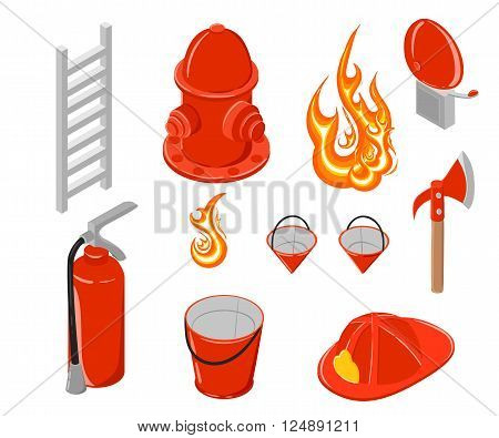 Isometric vector illustration of firefighting. Hook and hydrant. Firefighting collection. Elements for infographic.
